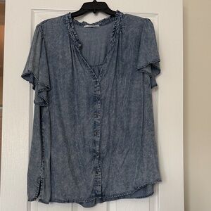 Jane and Delancey Washed Denim Blue Button-Front Flutter Sleeve Top